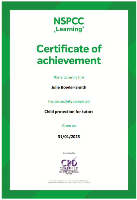 Certificate of achievement from NSPCC Learning for child protection training.