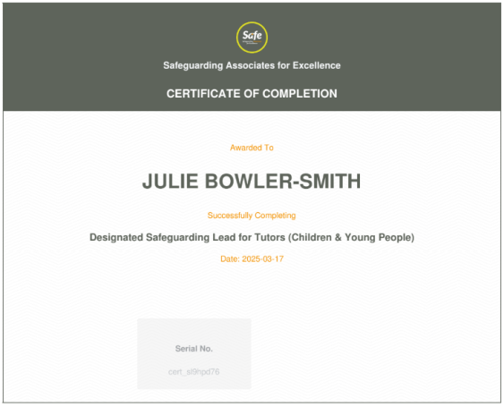 Certificate of completion awarded to Julie Bowler-Smith for safeguarding training.